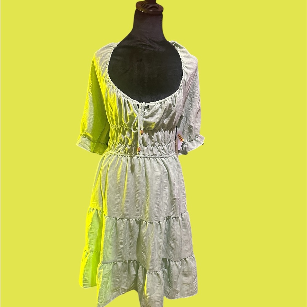 Green and Gray Tiered Asymmetrical Mini Dress
